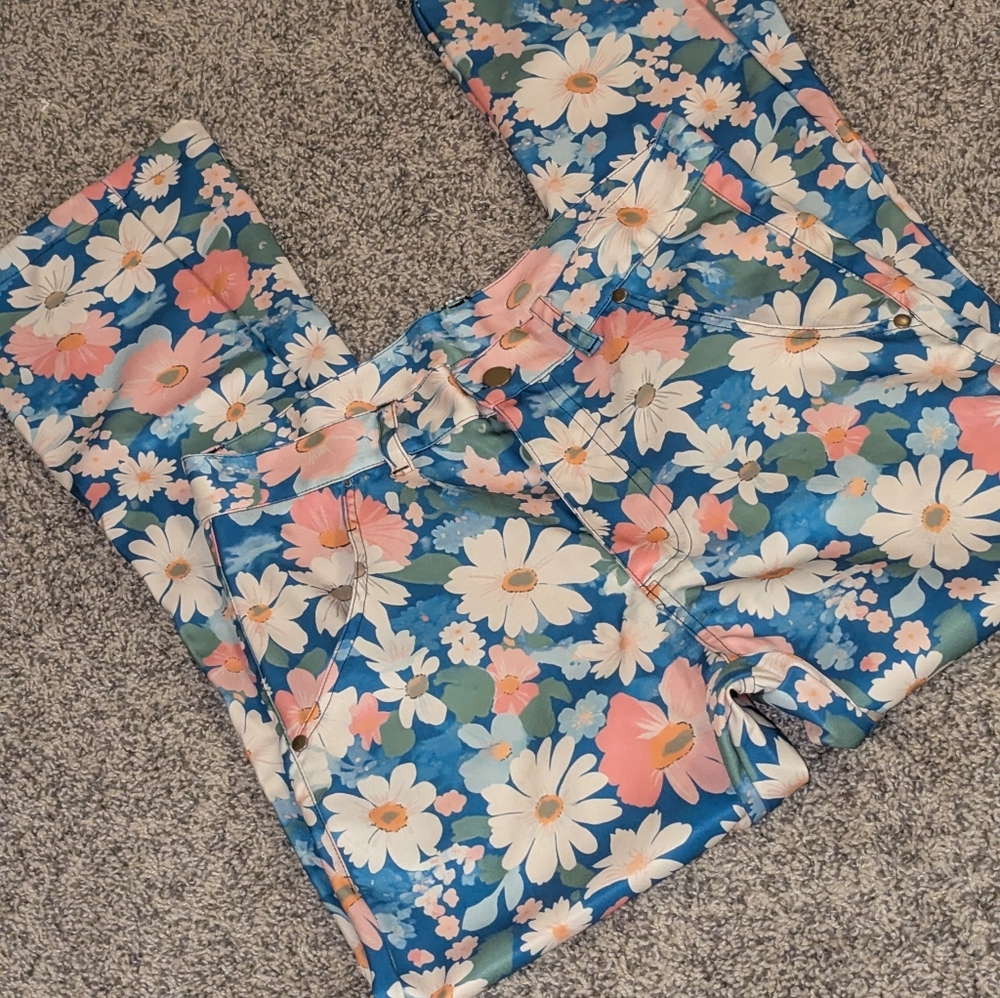 Shein XS (4-6) Floral Blue Daisy Print Flare Pants - Picture 2 of 4